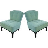 Pair of Celadon Velvet slipper chairs by Baker