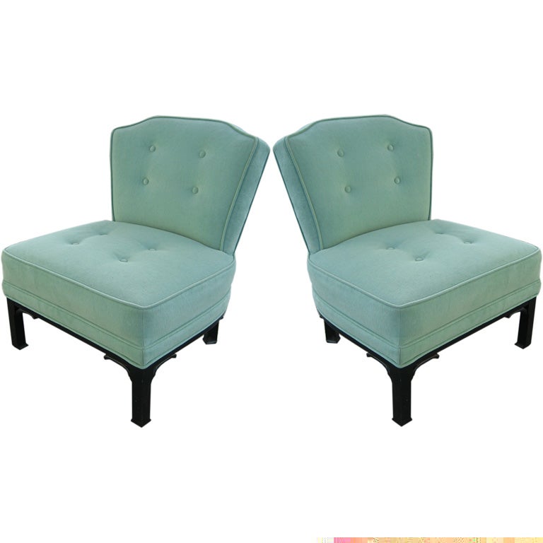 Pair of Celadon Velvet slipper chairs by Baker