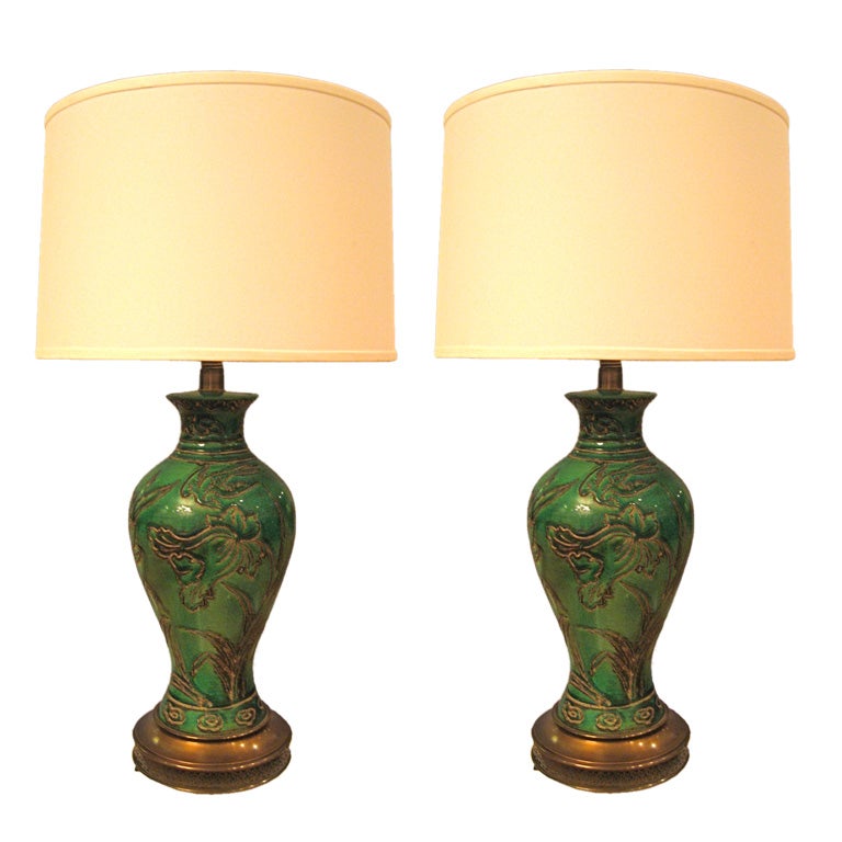 Pair Paul Hanson incised Crackle Glaze Urn form lamps