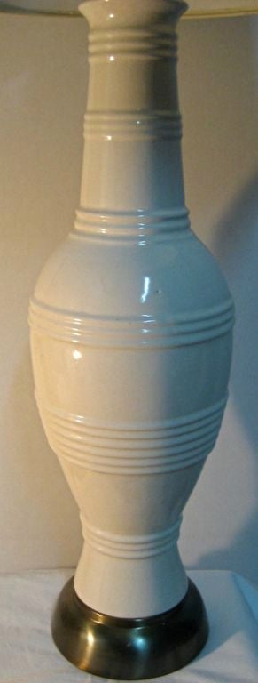 Monumental Pair crackle glaze ceramic spool form lamps