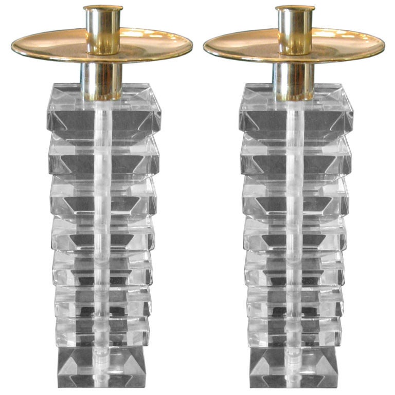 Pair of Stacked Lucite and Brass Candlesticks For Sale