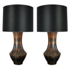 Pair of patinated bronze leaf lamps attributed to James Mont