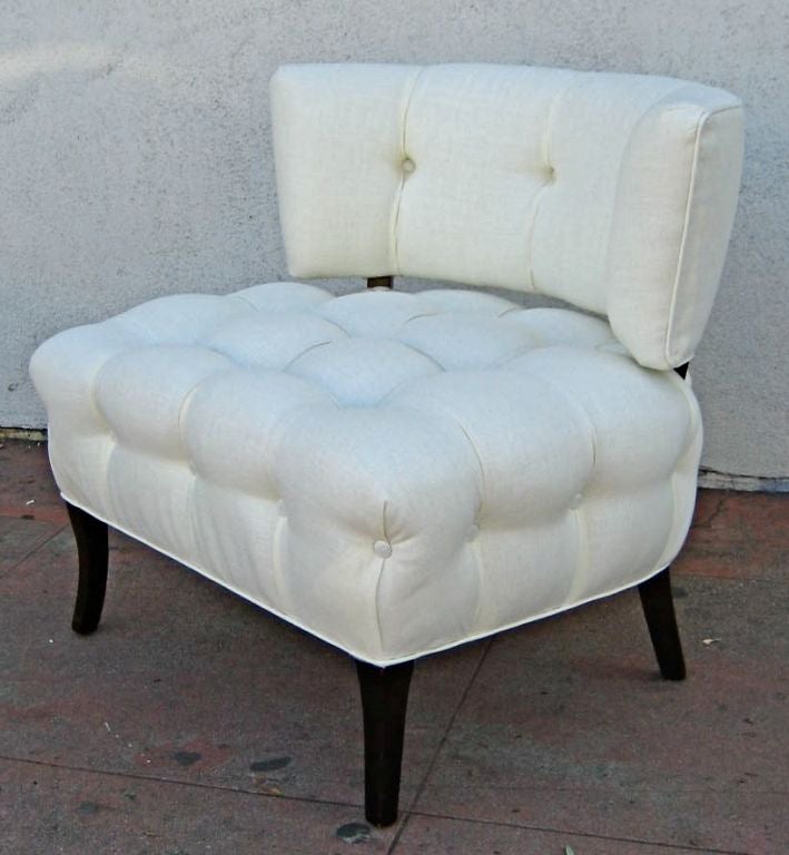 Pair of Tufted Linen Klismos slipper chairs attr. Wm. Haines