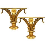 Pair of Italian gilt Wood Consoles with Faux Malachite tops
