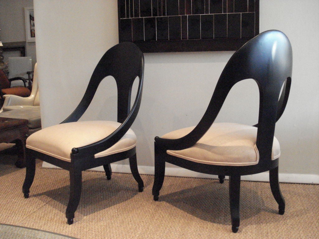 Pair of newly restored spoon back chairs.  Black satin and raw linen fabric.