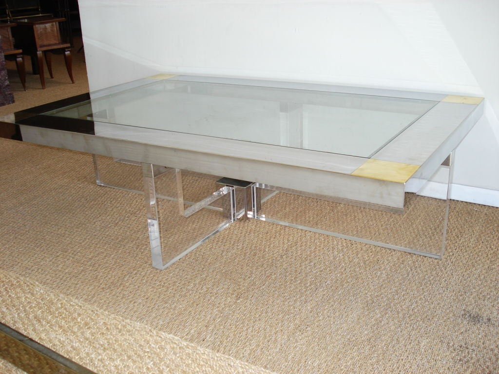 Lucite, Chrome & Brass Coffee Table.