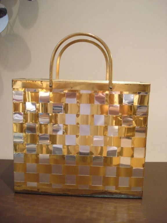 French 1970's Brass and Chrome Woven Basket.