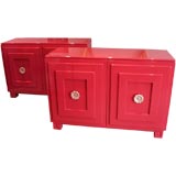 Exceptional Pair of Red Coral Lacquered Cabinets .