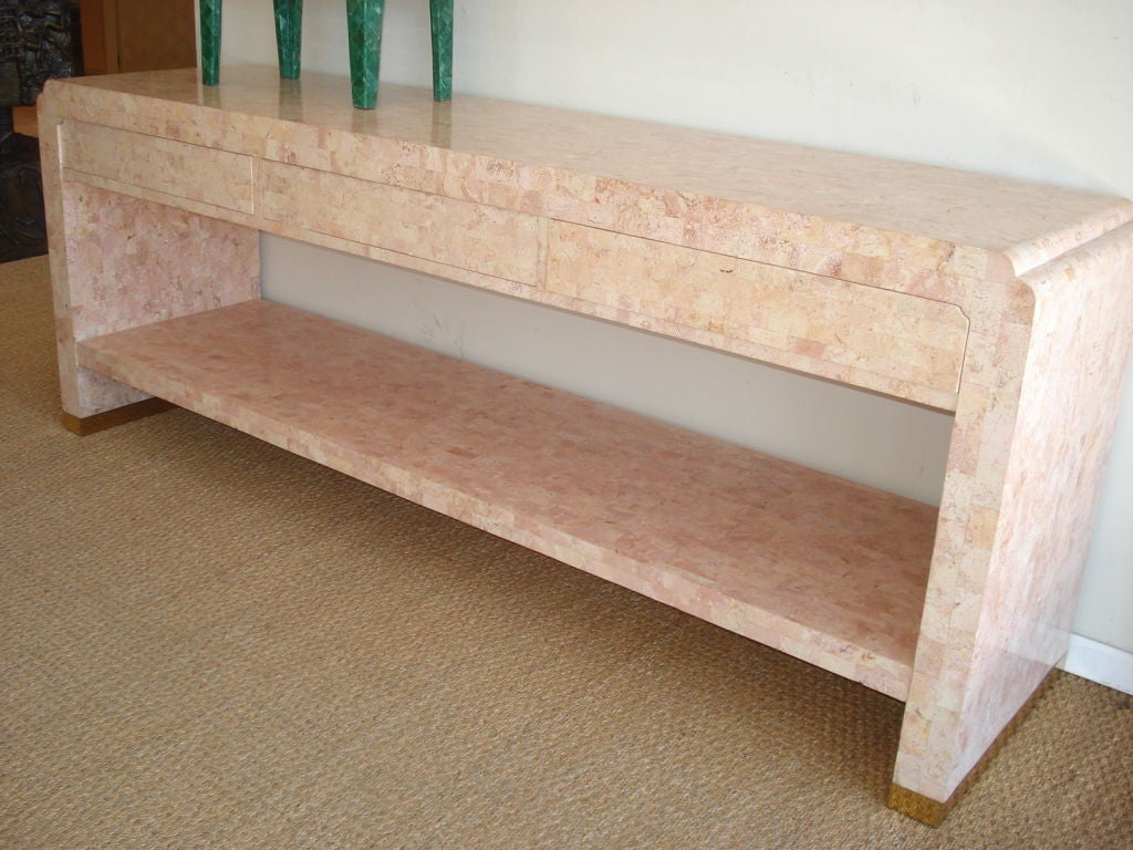 Amazing Travertine Wrapped Two Tiers Console With Drawers. In Excellent Condition In Miami, FL