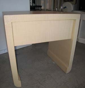 70's Harrison Van Horn Night Stand / End Table in linen wood construction covered in a natural linen. one slide out drawer...