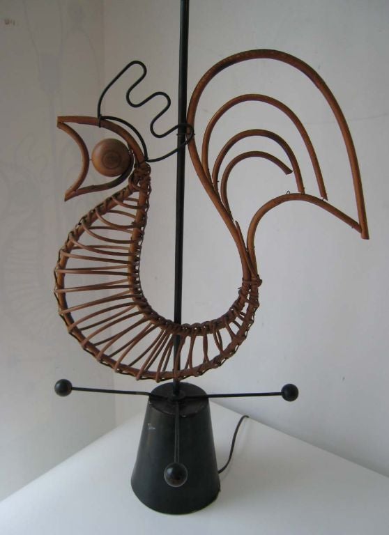 Hand-Crafted Pair Mid Century Modern Frederick Weinberg Sculptural Rattan Rooster Lamps
