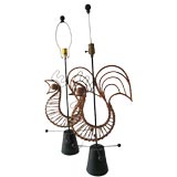 Pair Mid Century Modern Frederick Weinberg Sculptural Rattan Rooster Lamps