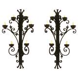 Pair of Large Wrought Iron, Formerly Gaslight, 6-arm Sconces