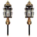 Antique Pr. of Late Neoclassical Iron, Brass, and Etched Glass Lanterns