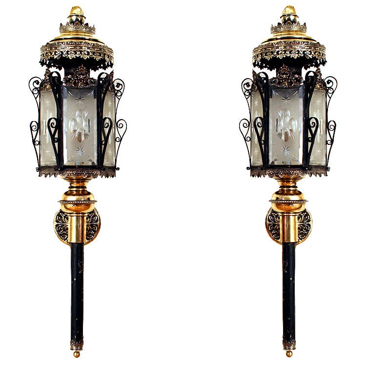 Pr. of Late Neoclassical Iron, Brass, and Etched Glass Lanterns