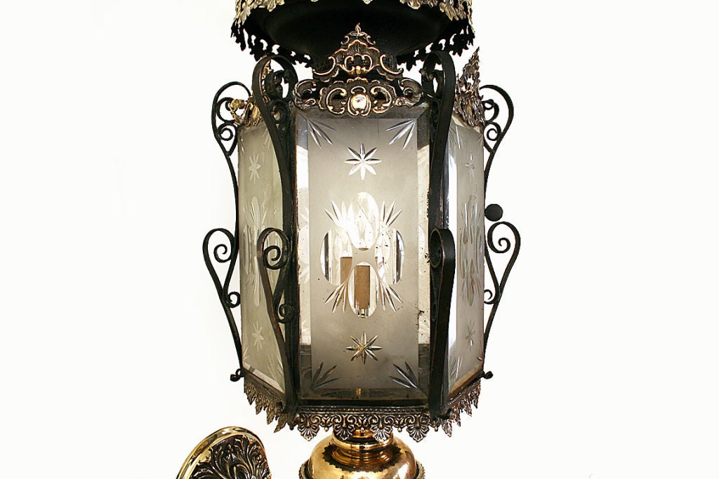 Pr. of Late Neoclassical Iron, Brass, and Etched Glass Lanterns 3