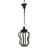 Patinated Brass and Blown Hourglass Hexagonal Hanging Lantern