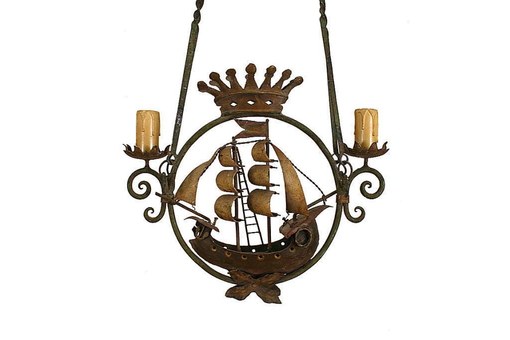 Wrought Iron and Tole Painted Two Light Ship Chandelier