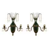 Vintage Pr of Neoclassical Style Green Glass and Brass Two-Arm Sconces