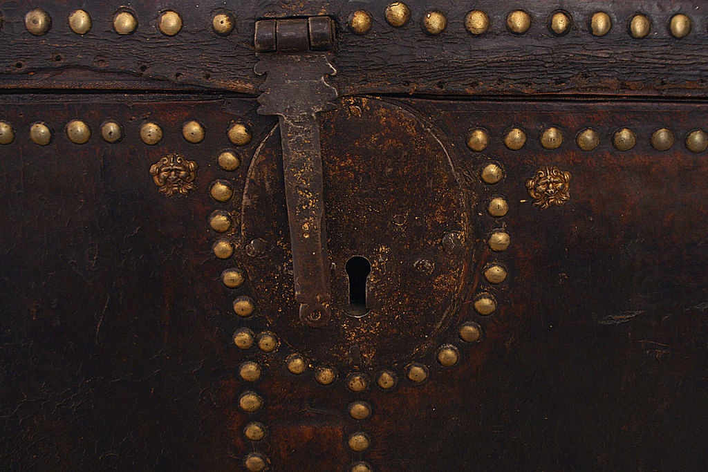 Leather Covered and Ironbound Trunk with Crest of Spain 2