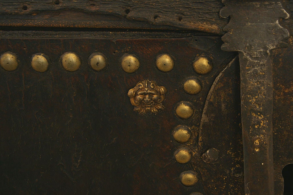 Leather Covered and Ironbound Trunk with Crest of Spain 3