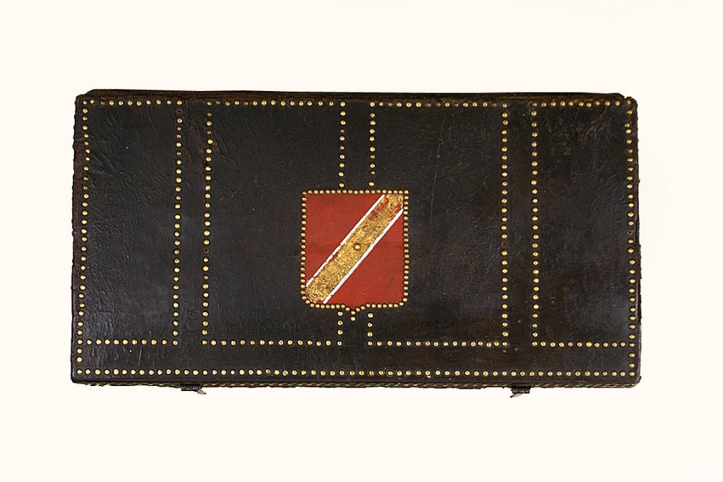 18th Century and Earlier Leather Covered and Ironbound Trunk with Crest of Spain