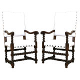 Pair of Italian LXIII Style Walnut Upholstered Armchairs