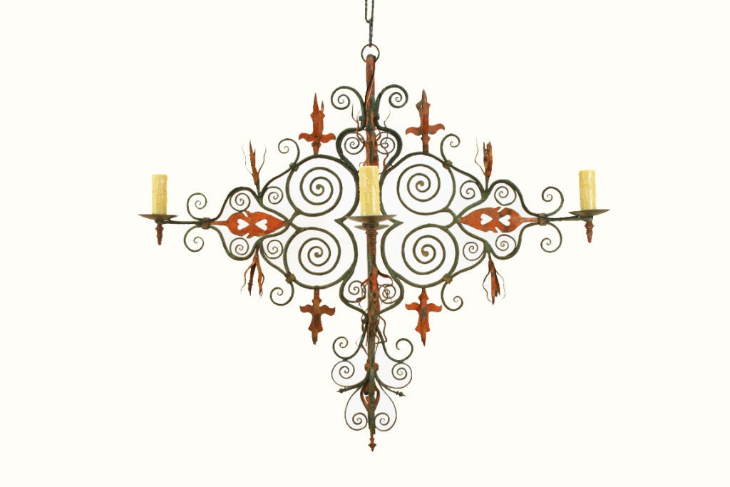 Barockzeitlicher polychrom bemalter schmiedeeiserner Kronleuchter