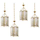 Set of Four Italian Brass and Etched Glass 5-Light Lanterns