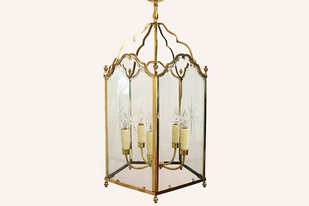 Set of Four Italian Brass and Etched Glass 5-Light Lanterns