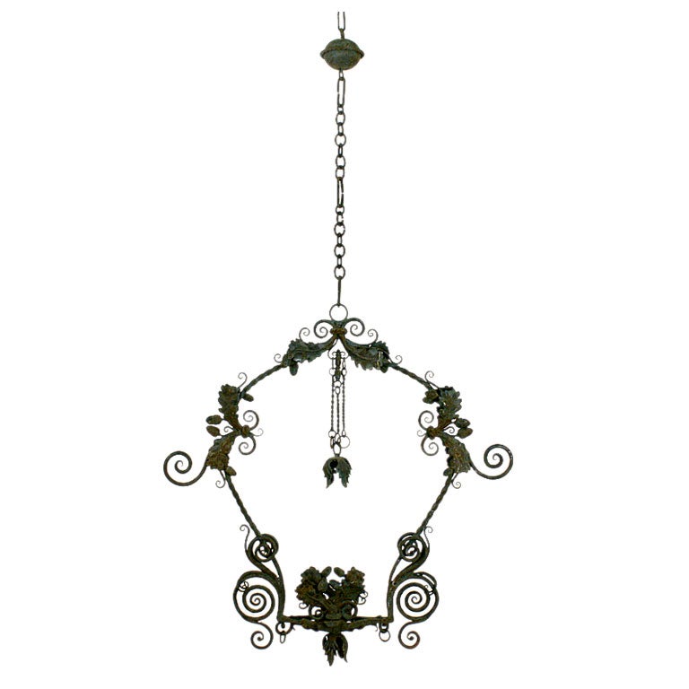 Green Painted Wrought Iron and Metal Hanging Lantern/Chandelier