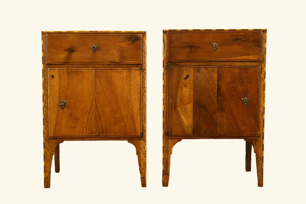 Pair of Walnut and Cherrywood Inlaid 1 Drawer, 1 Door Commodes