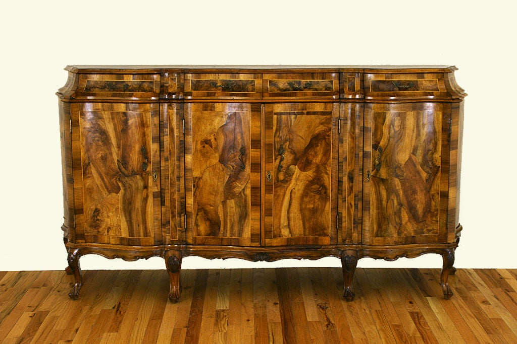 Venetian Walnut and Olivewood Veneered Rococo Style Credenza