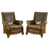 Pair of Dark Brown Leather Upholstered Club Chairs Pair of Dark Brown Leather Upholstered Club Chairs