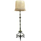Antique Turned Brass & Wrought Iron Tall Floorlamp w Spanish Hide Shade