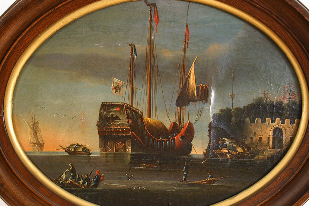 19th Century Pair of Anglo-Chinese School Oils on Canvas, Harbor Scenes