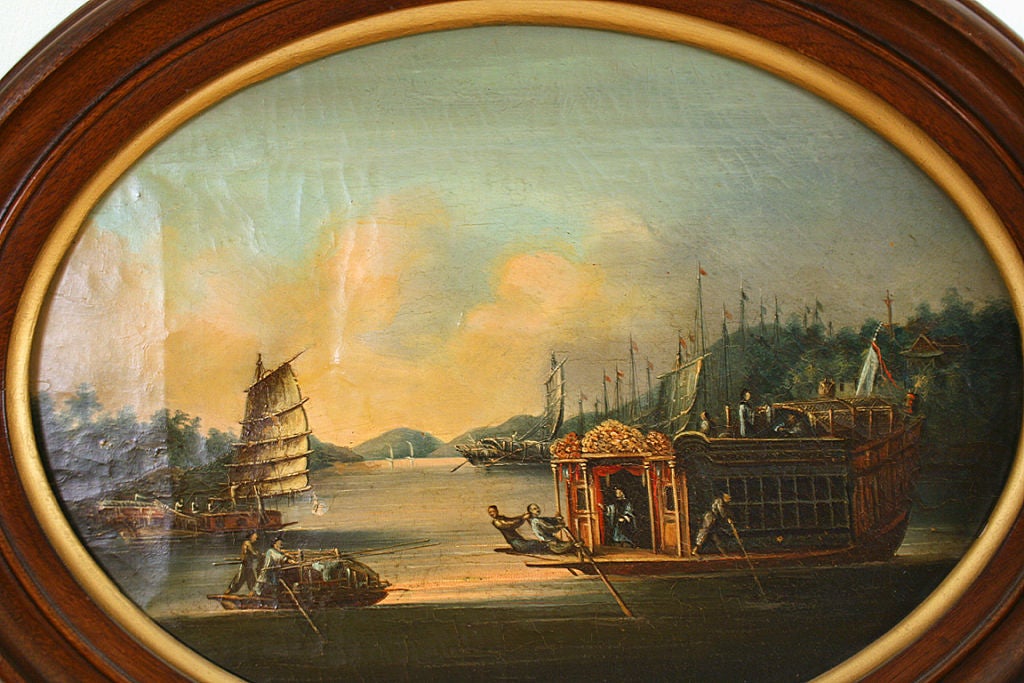 Mahogany Pair of Anglo-Chinese School Oils on Canvas, Harbor Scenes