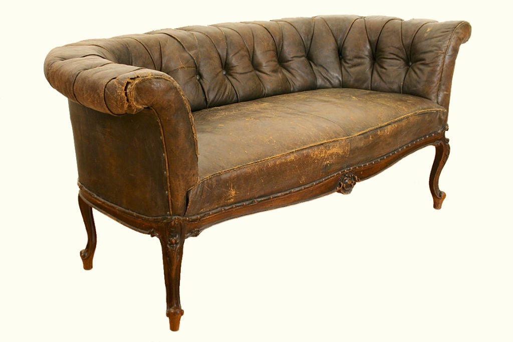 French Rococo Revival  Walnut and Leather Upholstered Settee