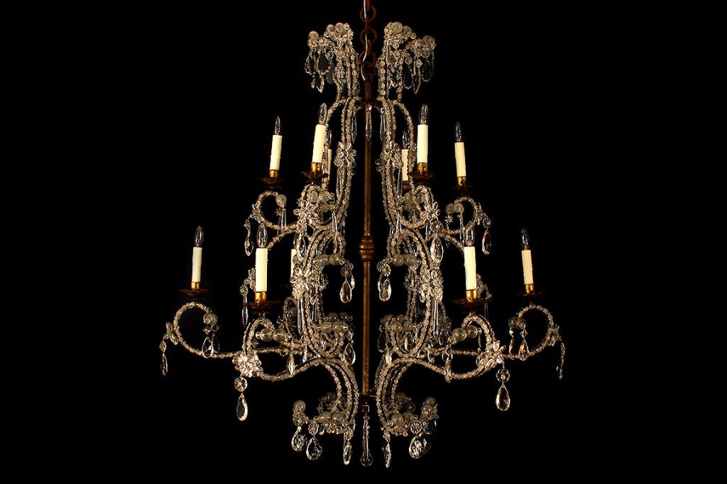 Italian Piemontese Baroque Style Gilt Iron & Crystal 12-Light Chandelier
