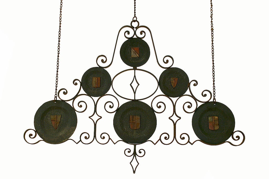Pair of Continental Wrought Iron and painted  Hanging Ornaments