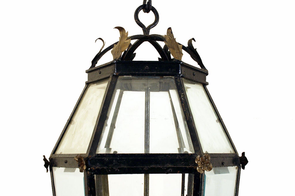 Continental Large Wrought Iron and Gilt Metal Hexagonal Lantern