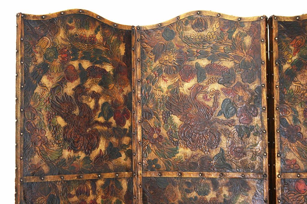 A Continental Tooled & Polychrome Painted Leather 4-Panel Screen