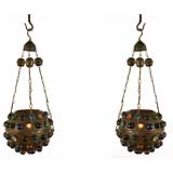 Antique Pair of Brass and Colored Glass Hanging Lanterns