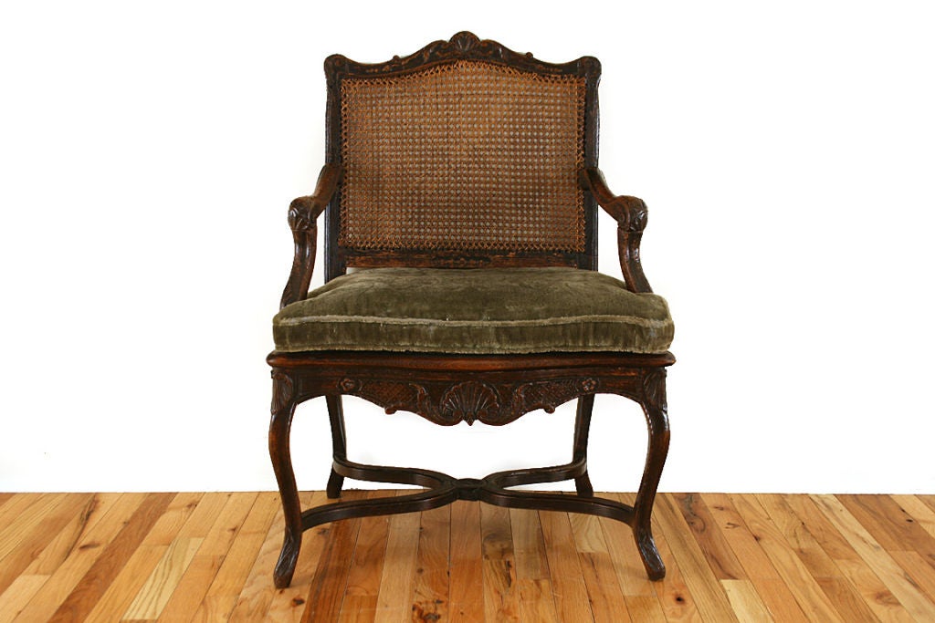French Regence Period Dark Oak Caned Fauteuil