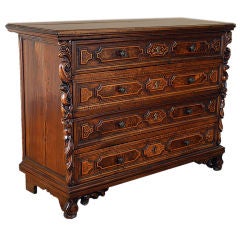 Italian Baroque Carved Walnut and Fruitwood 4-Drawer Cassettone