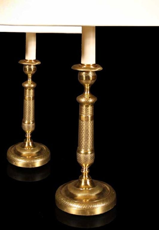 PAIR Louis XVI style Gilt Brass Candlestick Lamps. 19th C.