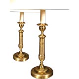 PAIR Louis XVI style Gilt Brass Candlestick Lamps. 19th C.