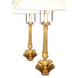 PAIR Empire Gilt Metal Column Lamps. French C.1830