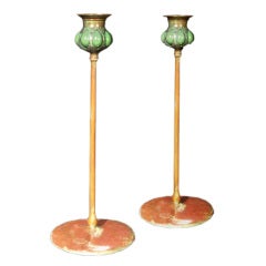 Tall Bronze and Glass Candlesticks, Early 20th Century