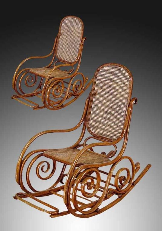 Rare PAIR Art Nouveau bentwood rocking chairs by J. & J. Kohn. Jacob and Josef Kohn of Vienna Austria hired Gustav Seigel as design director and Seigel 